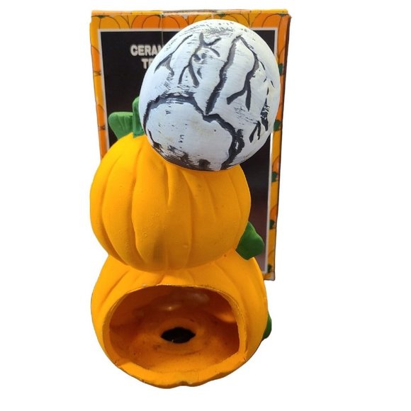 Vintage Pumpkin Time Ceramic Halloween Tealight Holder Skull Jack o' Lantern - Picture 3 of 6